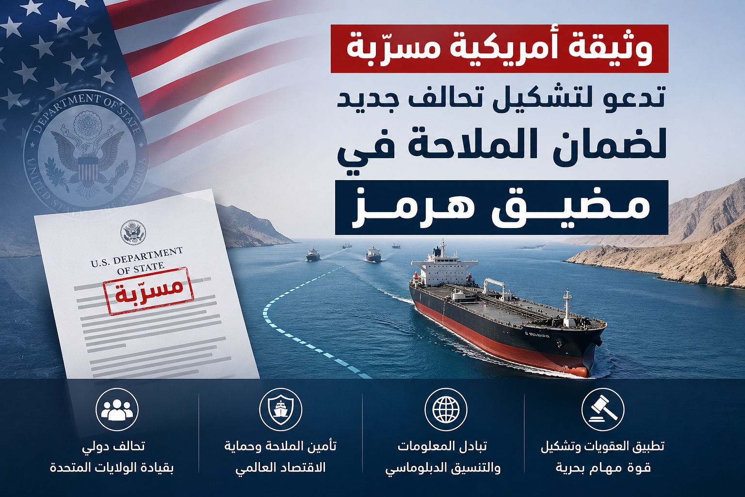 وثيقة أمريكية مسرّبة تدعو لتشكيل تحالف جديد لضمان الملاحة في مضيق هرمز